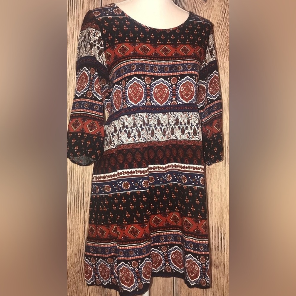 Anthropologie I Feathers Boho Print 3/4 Sleeves Back Waist Tie Mini Dress